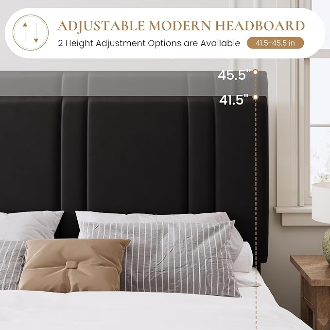 SHA CERLIN Queen Size Platform Bed Frame, Velvet Upholstered Bed with Adjustable Headboard, Vertical Channel Tufted Design, Sturdy Wood Slat Support, No Box Spring Needed, Easy Assembly, Black