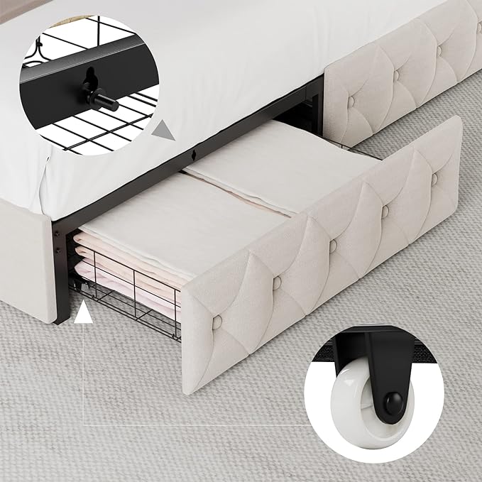 Keyluv Queen Upholstered LED Bed Frame with 4 Drawers, Velvet Platform Storage Bed with Adjustable Button Tufted Headboard and Solid Wooden Slats Support, No Box Spring Needed, Beige