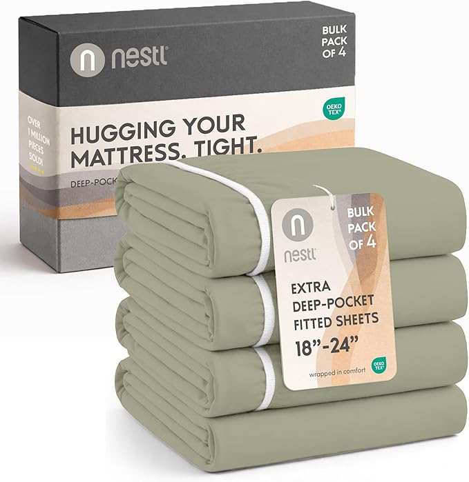Nestl 4 Pack Light Sage Fitted Sheet Extra Deep Pocket, Hotel Luxury QueenFitted Sheet Only Easily Fits 18 to 24 Inch Mattress, Super Soft, Wrinkle-Free and Breathable with Corner Straps