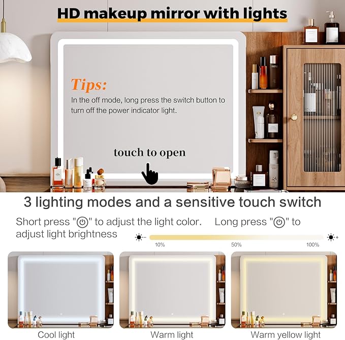 Arulvmrn Vanity Desk with 29.53" HD Lighted Mirror, 47.24" Big Modern Vanity Desk with Mirror and Lights, Makeup Vanity with 5 Drawers and Storage Shelves and Charging Station,Brown