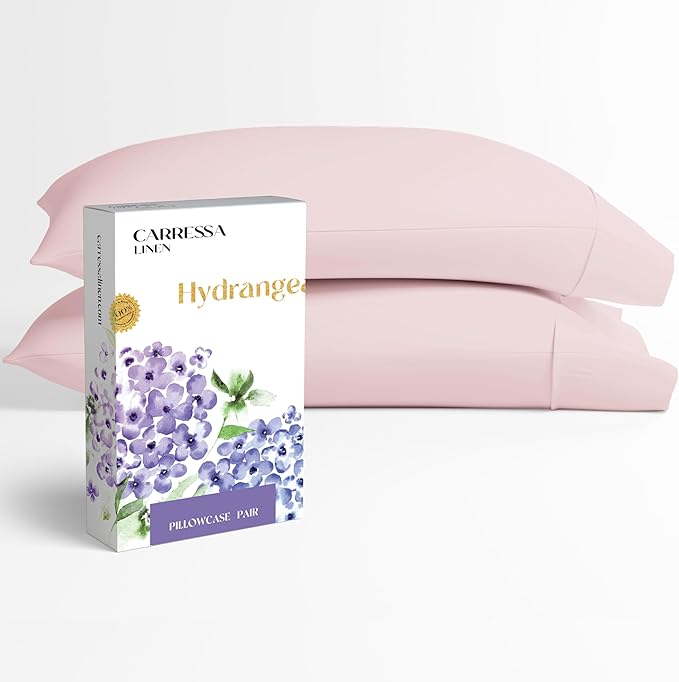 Carressa Linen 100% Egyptian Cotton Pillow Cases Queen Size Set of 2 - Luxury 600 Series Hydrangeas Collection Queen Size Pillowcases (Blush), Cooling Sateen Weave Hotel Quality Bed Pillow Cover
