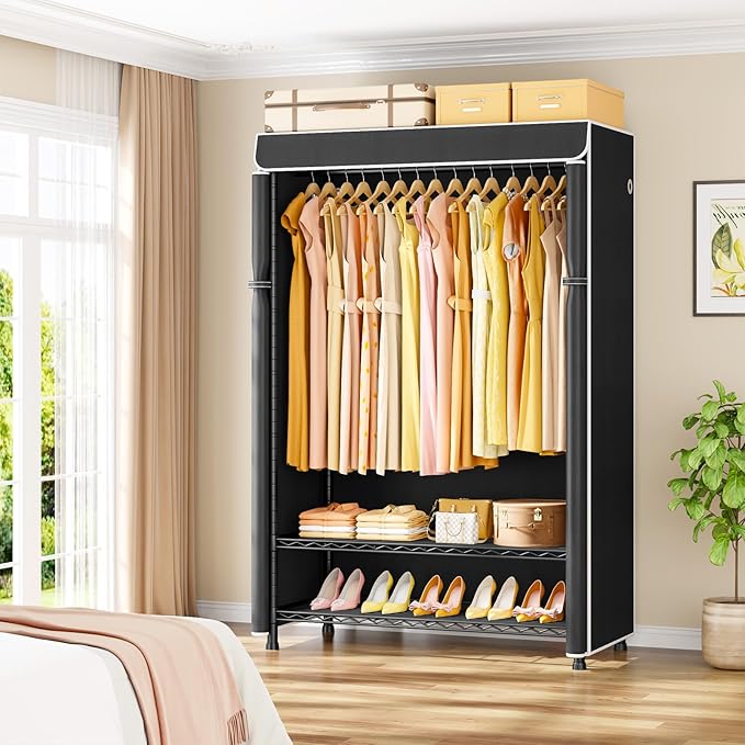 ULIFHOME H5C Plus Clothes Rack with Cover, Portable Closet for Hanging Clothes, Covered Clothing Racks Heavy Duty, Garment Racks with Shelves, Max Load 370LBS, Black Closet Rack with Black Cover