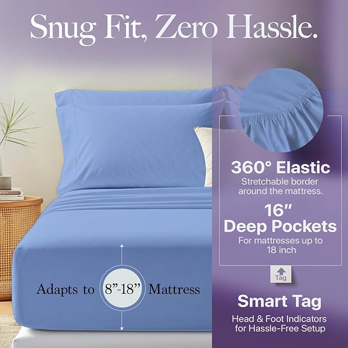 Carressa Linen 100% Egyptian Cotton King Size Sheet Set - 600 Series Hydrangeas Collection Egyptian Cotton Queen Sheets King Size (4 PC, Marine Blue), Soft, Cooling, 16" Deep Pocket Luxury Bed Set