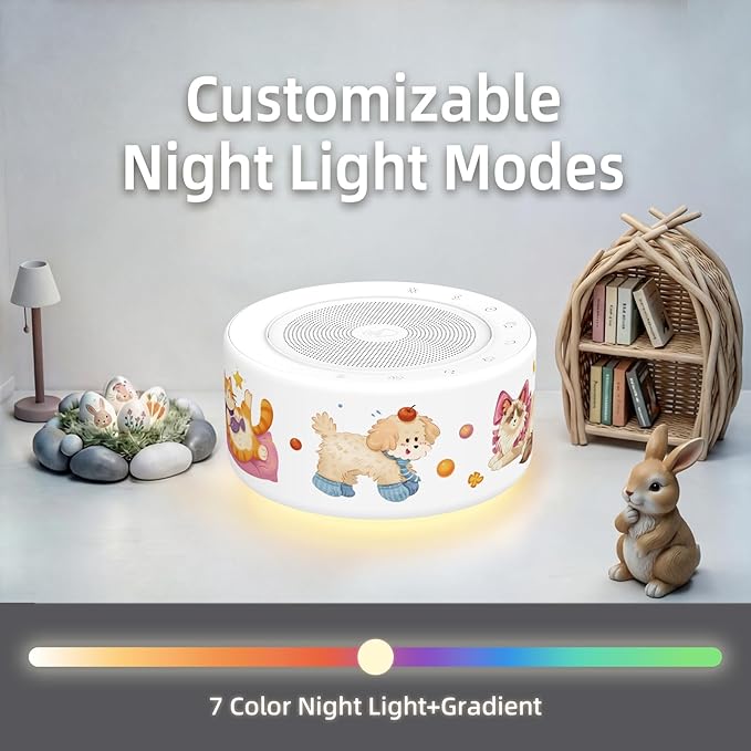Kipcush White Noise Machine - Soft Non-Glare Nursery Lamp, 30 Soothing Sounds, 8 Color Lights, Max 8-Hour Timer for Baby & Adults (Kittens & Puppies, Standard)