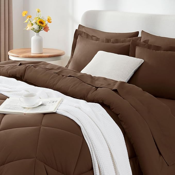 CozyLux Oversized Queen Comforter Set Brown - 7 Pieces Bed in a Bag Comforter Set with Sheets, Luxury Soft Bed Set, Bedding Set with Down Alternative Comforter, Sheets, Pillowcases & Shams