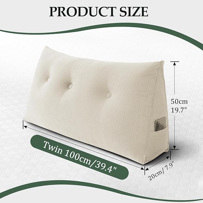 Huatean Home Soft Headboard Pillow Twin Size, Wall Backrest Wedge Pillow Headboard Twin XL, Reading Backboard Pillows, Large Dorm Daybed Bolster Pillows for Back Support with Removable Cover, Beige