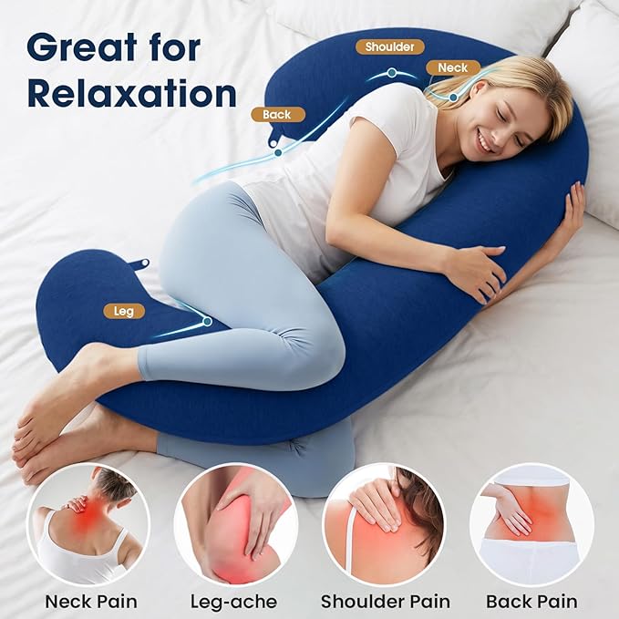 TranquilRelax C Shaped Body Pillow for Side Sleepers, Memory Foam Long Pillow for Leg, Hip & Back Support, Soft Washable Cover,Navy Blue-53"*10"