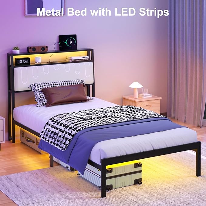 J.Fkne Twin Bed Frames with LED Lights & Charging Station, Metal Platform Frame with Upholstered Headboard, No Box Spring Needed, Noise Free, Easy Assembly