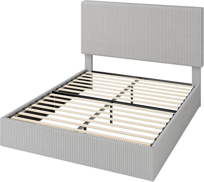Allewie Queen Bed Frame, Upholstered Platform Bed, Adjustable Vertical Channel Tufted Headboard, Corduroy Fabric, Modern Low Profile, Wooden Slats, No Box Spring Needed, Easy Assembly, Light Grey