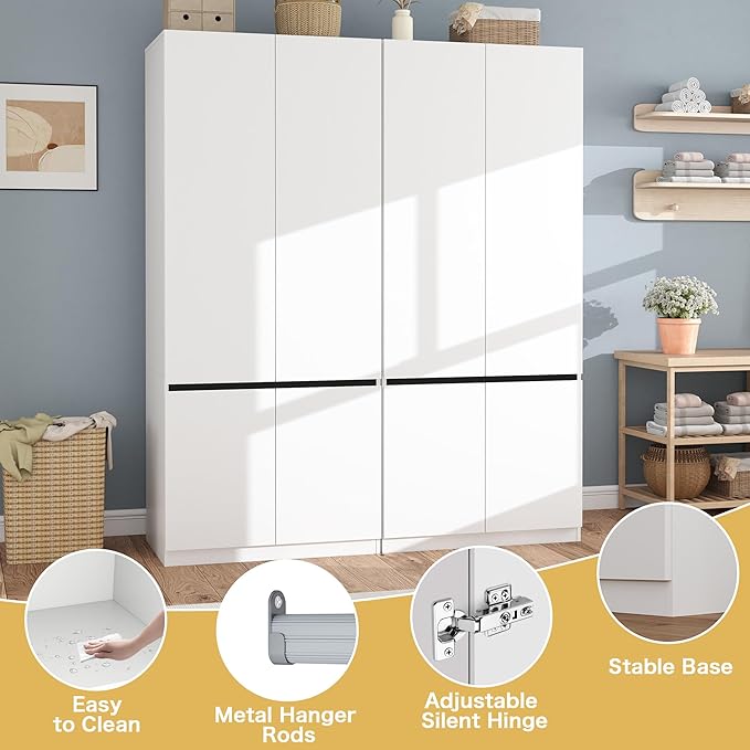 White Armoire Wardrobe Closet: 74" Wooden Wardrobe Closet with 4 Doors, Bedroom Armoires with Hanging Rod, Tall Closets Cabinet for Hanging Clothes (63")
