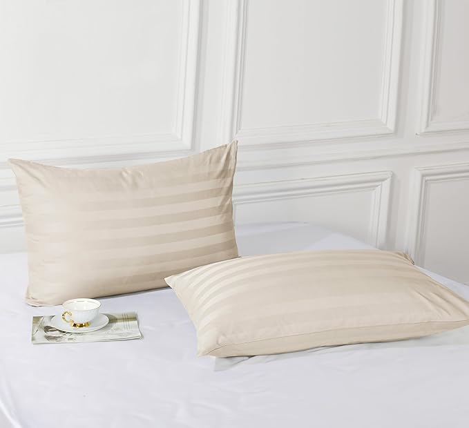 100% Egyptian Cotton Pillow Protectors Set of 2, 600 Thread Count King Size Bed Pillow Cases with Zipper, Sateen Weave Cooling Pillow Cover Quiet and Breathable Easy Care (2PCS, Stripe-Beige)
