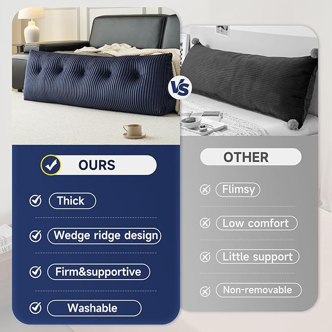 Z-hom Large Headboard Pillow King, NO ROLL Pillow, Wedge Pillow Headboard for Sitting Up in Bed, Backrest Support Triangular Cushion for Reading, Gap Pillow w/Removable Washable Cover,Blue