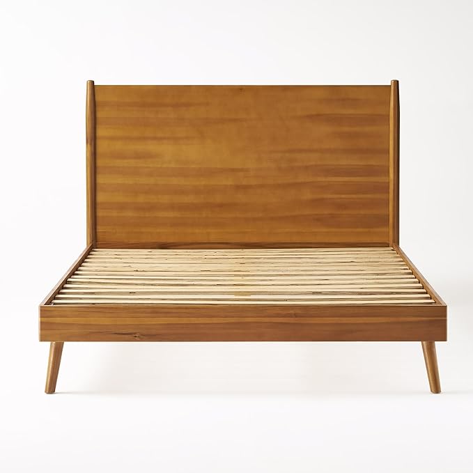 Merax Queen Size Solid Wood Platform Bed, Mid-Century Modern Bed Frame with Splayed Legs, 600 lbs Weight Capacity, No Box Spring Needed, Natural