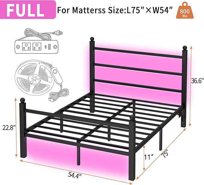 CLIBFENG Full Size Bed Frame with Headboard and Footboard,Steel Slats Support-LED Bed Frame with USB Charging Station,Mattress Foundation-Under Bed Storage, No Box Spring Needed,Noise Free,Black
