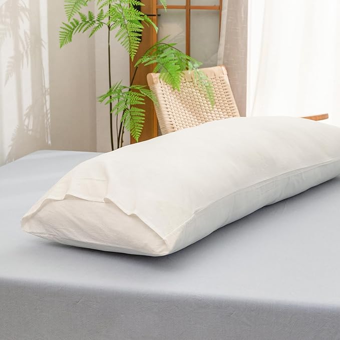BESTOUCH 100% Washed Cotton Pillowcase for Hair and Skin Linen Feel Soft Comfortable Breathable 1 Pcs Pillow Case with Envelope Closure Solid Off White Body 20x54 Inches