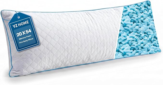 YZ HOME Long Body Pillow for Adults - Firm Body Pillow Insert with Shredded White Memory Foam, Adjustable Height, Soft Support for Side Sleeping, Pregnant Women, Washable (White, 20x54 Inch)