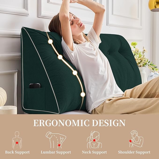 Sasttie Headboard Pillow Twin/Twin XL, Wedge Pillow Headboard for Dorm, Triangular Daybed Backrest Cushion for Sitting or Reading in Bed, with Removable Washable Cover, Green