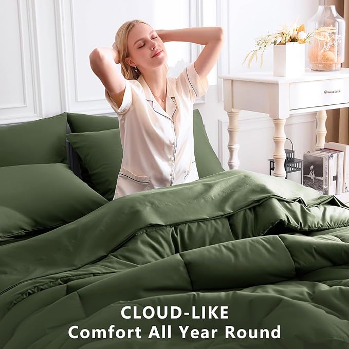 CozyLux Full Size Comforter Sets Olive Green, 7 Pieces Bed in a Bag, Green Comforter Full Size, All Season Bedding Sets with Stitch Quilted Comforter, Flat Sheet, Fitted Sheet, Pillowcases