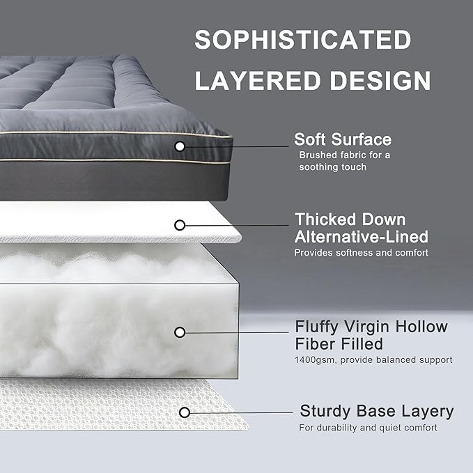 2~3In Mattress Topper Queen Size Breathable Filled Soft Fluffy Supportive for Back Pain Relief Bed Mattress Pad Pillow Topper with Extra Thick Padded Protector for 8"-21" Deep Pocket, Queen 60"*80"