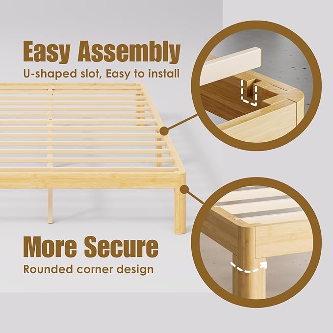 14 Inch High Bamboo Wood Full Size Bed Frame Platform, Metal Slat Support Bed Frame Full Size, No Box Spring Needed, Easy Assembly, Noise Free, Reinforced
