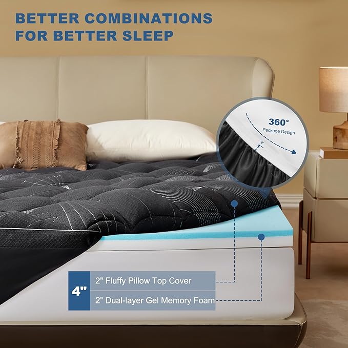 Bedlore 4-Inch Full Mattress Topper for Back Pain - Dual Layer Medium Support (2" Gel Memory Foam + 2" Cooling Fluffy Pillow Top Pad), Breathable & Pressure Relief (Gray)