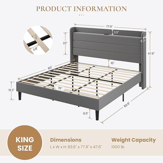 SHA CERLIN King Size Bed Frame with Charging Station, Velvet Upholstered Platform Bed, Wingback Storage Headboard, Type-C & USB Ports, Strong Wooden Slats, No Box Spring Needed, Easy Assembly, Grey