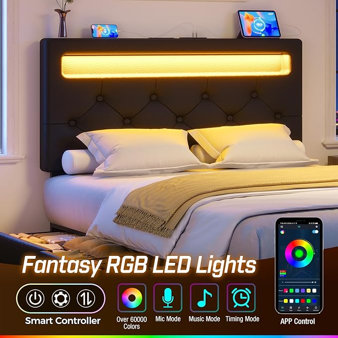 Rolanstar Twin Bed Frame with 4 Drawers and Charging Station,Twin Bed with Led Lights, 2 USB and 1 Type C, Adjustable Upholstered Headboard 38.9/40.8 Inches, Sturdy, No Box Spring Needed, Pure Black