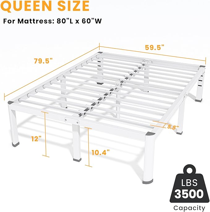 12 Inch Queen Bed Frame, Metal Platform Bed Frame with Round Corner Legs, 3500 lbs Heavy Duty Steel Slats Support, No Box Spring Needed, Noise Free, Easy Assembly, White