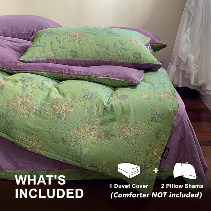 VM VOUGEMARKET Green Duvet Cover Set Full,Lily Flower Jacquard Duvet Cover with 2 Pillowcases 3Pcs Yarn-Dyed Linen Cotton Green Purple Bedding Set for Teens Girls Without Comforter-80 x90