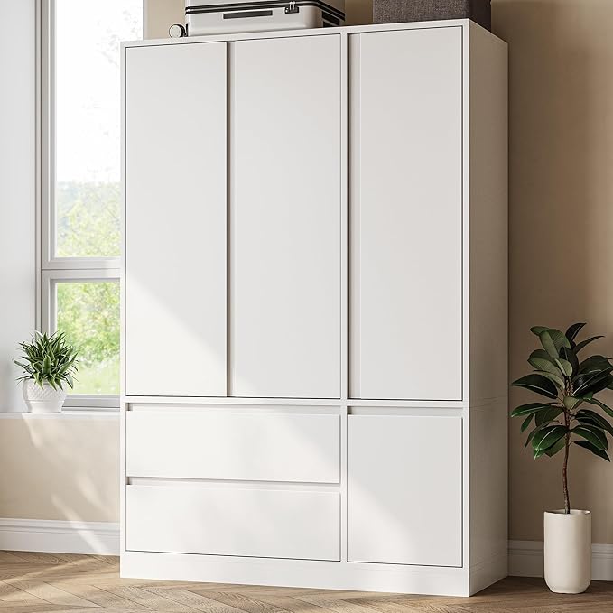 IRONCK 47.2" Armoire Wardrobe Closet with Drawers, White Armoire with Hanging Rods & DIY Adjustable Shelves, Modern Wardrobe with Soft-Close Hinges & Anti-Tip Device, Freestanding Closet for Bedroom