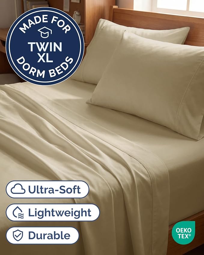 Twin XL 4 Piece Sheet Set - Comfy, Breathable & Cooling - Hotel Luxury Bedding for Women, Men, Kids, Teens and Children - 1 Flat & 1 Fitted Sheet & 2 Pillowcases w/ Deep Pockets - Wrinkle Free - Beige