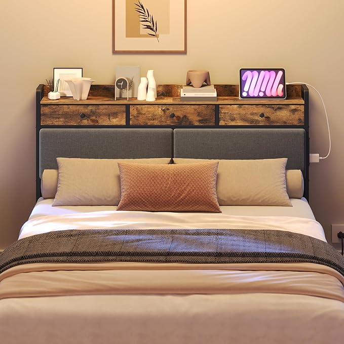 YATINEY Queen Size Headboard Only with Storage and Non-Woven Fabric Drawers, Head Board Queen Size with Charging Station, Height Adjustable, for Bedroom, Rustic Brown and Black
