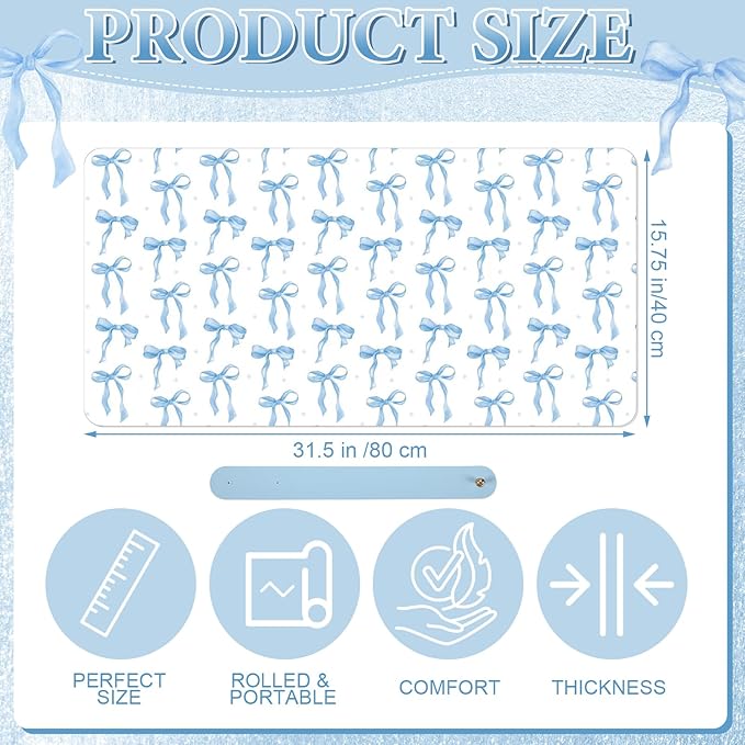 Teenyyou Coquette Bow Makeup Mat for Vanity Top Protector Graduation Gift Dual Side Leather Desk Mouse Pad Girly Waterproof Nonstick Dressing Accessories for Women Home Office(Blue,11.8"x23.6")
