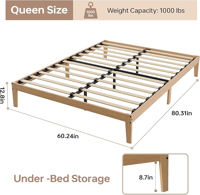 Tyndall Queen Size Bed Frame, Natural Solid Wood Platform Bed with Wooden Slats Support, 12 Inch Wood Bed Frame Queen, No Box Spring Needed, Noise Free Design, Easy Assembly
