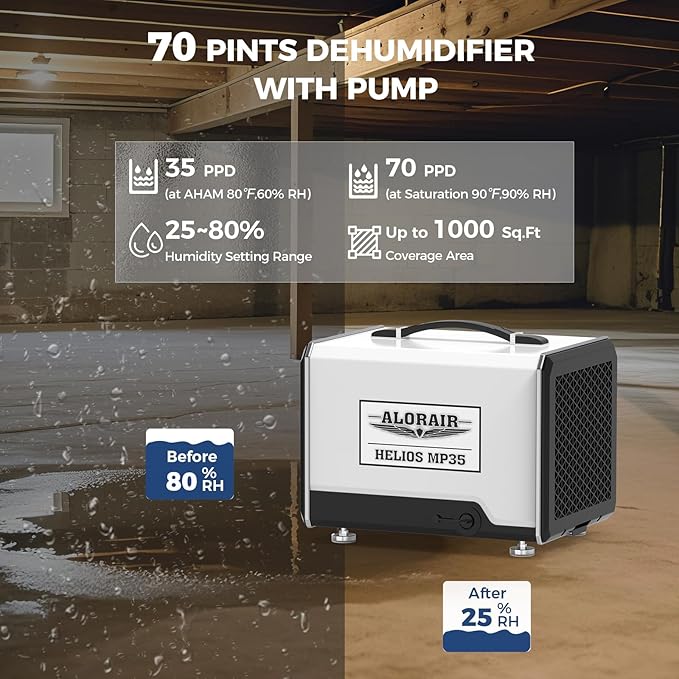 ALORAIR 70 Pints Crawl Space Dehumidifier with Pump and Drain Hose, Compact Basement & Commercial Dehumidifier for Water Damage Restoration, Covers Up to 1,000 Sq. Ft., 6-Year Limited Warranty