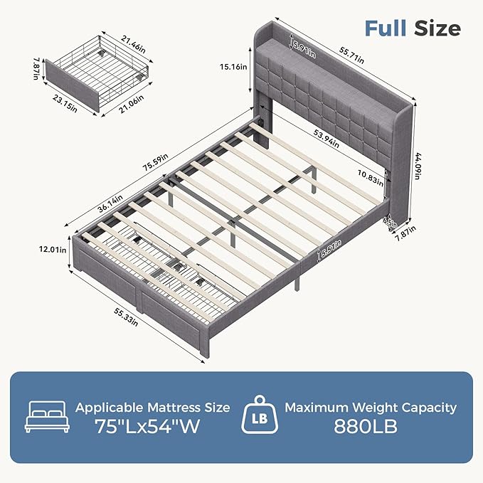DUMOS Full Size Upholstered Platform Bed Frame, Full Bed with Storage Drawers and Fabric Headboard, Wooden Slats Support, 882 lbs Weight Capacity, No Box Spring Needed, Easy Assembly, Gray