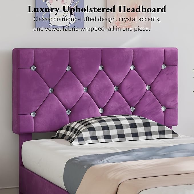 VECELO Twin Size Bed Frame, Upholstered Platform with Adjustable Diamond Tufted Headboard, Wood Slat Support, No Box Spring Needed, Purple