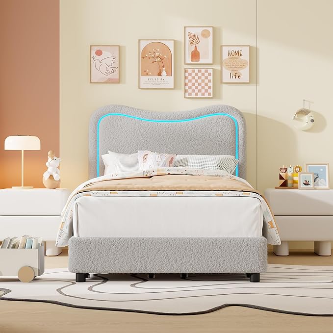 GarveeHome Upholstered LED Twin Bed Frames for Kids with 2 Drawers and Headboard, Cute Twin Bed with Storage for Girls, Boys, Sturdy Platform Bed, No Box Spring Needed, Wooden Slats, Noise Free, Grey