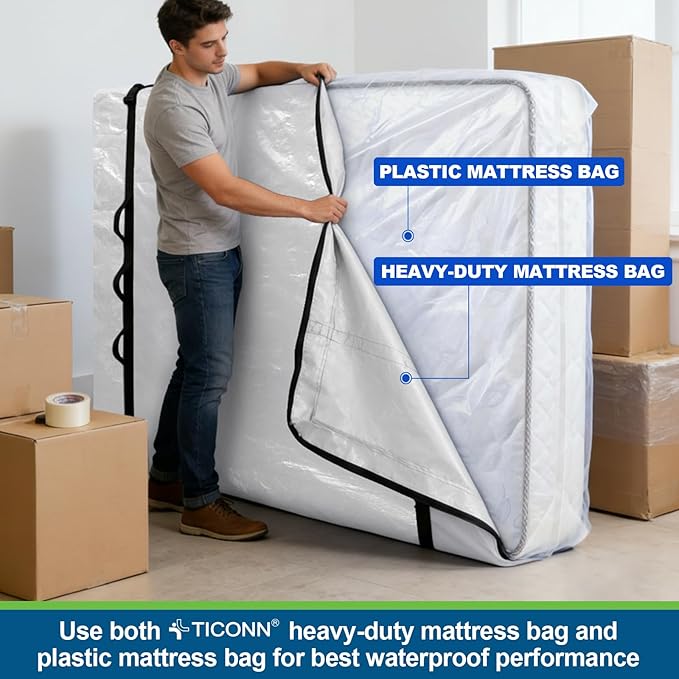 TICONN Mattress Bags for Moving, Heavy Duty Cali King Mattress Cover Storage Bag with Full-Around Handle and Adjustable Buckles (Clear, Cali King)