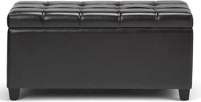 SIMPLIHOME Sienna Storage Ottoman Bench - 33 inch Wide Upholstered Vegan Leather Rectangle Storage Ottoman Bench in Chocolate Brown, Transitional Tufted Ottoman for Living Room with Lift Top