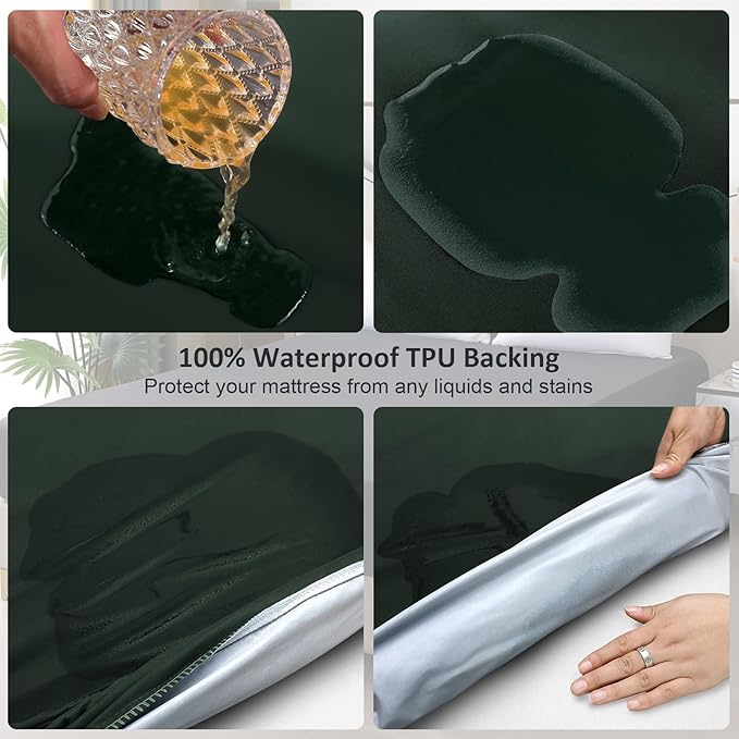 King Mattress Protector Waterproof, Fitted Sheet Style Breathable Mattress Cover with Deep Pocket Fits Up to 18'', Noiseless Bed Cover for Kids Adults Pets, Machine Washable (Green, 76'' X 80'')