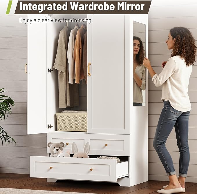 Set of 2 Armoire Wardrobe Closet, with Full-Length Mirror, Bedroom Armoires with 2 Storage Drawers & 2 Door Cabinet, White Freestanding Wardrobe Combination with Hanging and Organizing Clothes