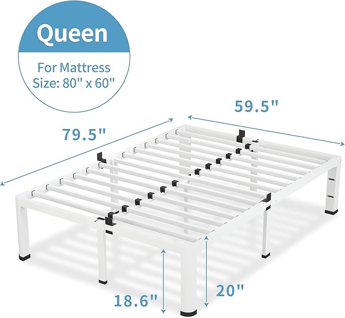 VIPSHOW 20 Inch Queen Size White Bed Frame, 3500Lbs Heavy Duty Metal Platform with Round Corner Legs Mattress Slide Stopper, Steel Slat Support No Box Spring Needed, Noise Free, Easy Assembly