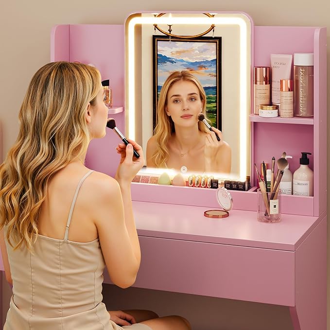 Small Vanity Desk with Mirror and Lights, Makeup Vanity with Storage Drawer, 2 Shelves and 3 Compartments - Pink