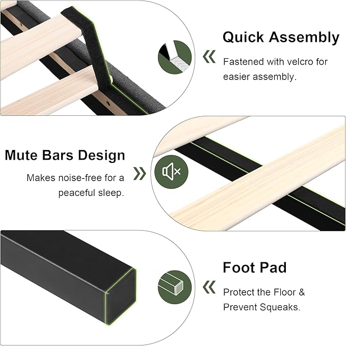 Feonase Queen Platform Bed Frame, Fabric Upholstered Queen Bed Frame, Solid Wood Slats & Heavy Duty Feet Support, No Box Spring Needed, Noise-Free, Easy Assembly, Dark Grey