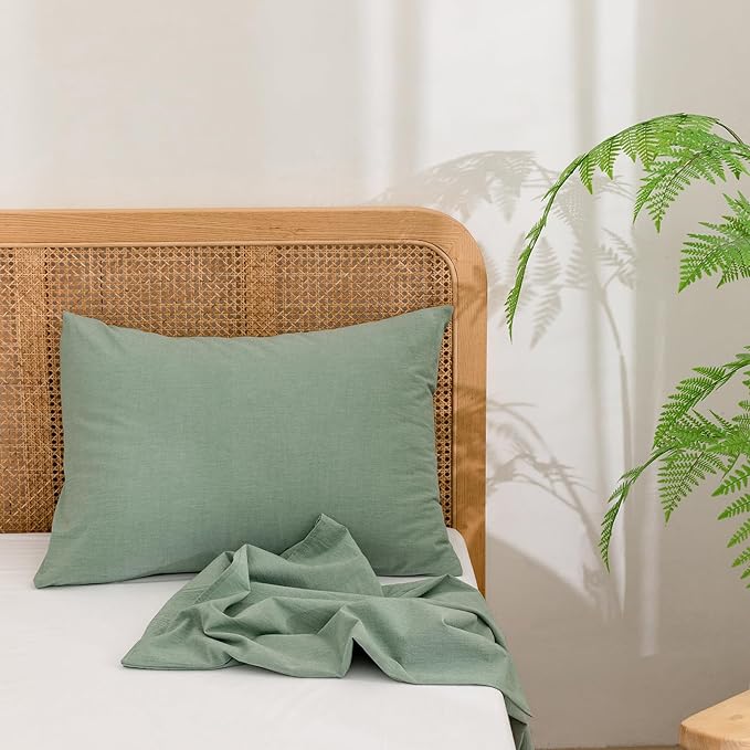 BESTOUCH 100% Washed Cotton Pillowcase for Hair and Skin Linen Feel Soft Comfortable Breathable 2 Set Pillow Case with Envelope Closure Solid Green Queen 20x30 Inches