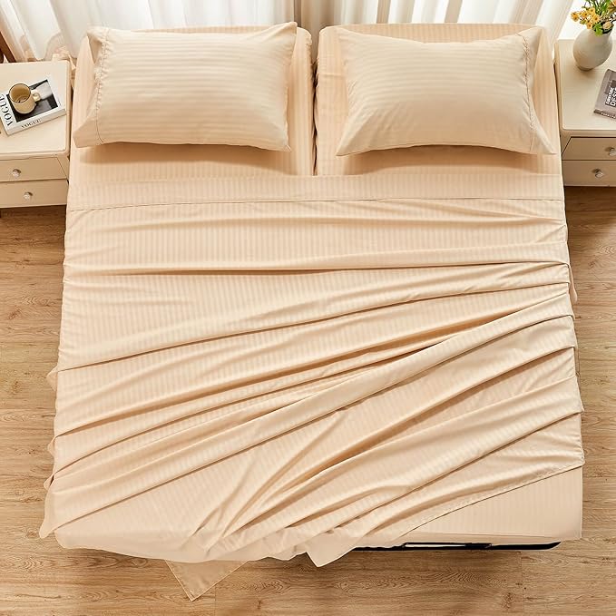 Kingnex Striped 32-34 Split Top King Sheets Sets for Adjustable Bed with Strap Soft Brushed 1800 Microfiber 4 Pieces Flex Head King Bedding Set Beige