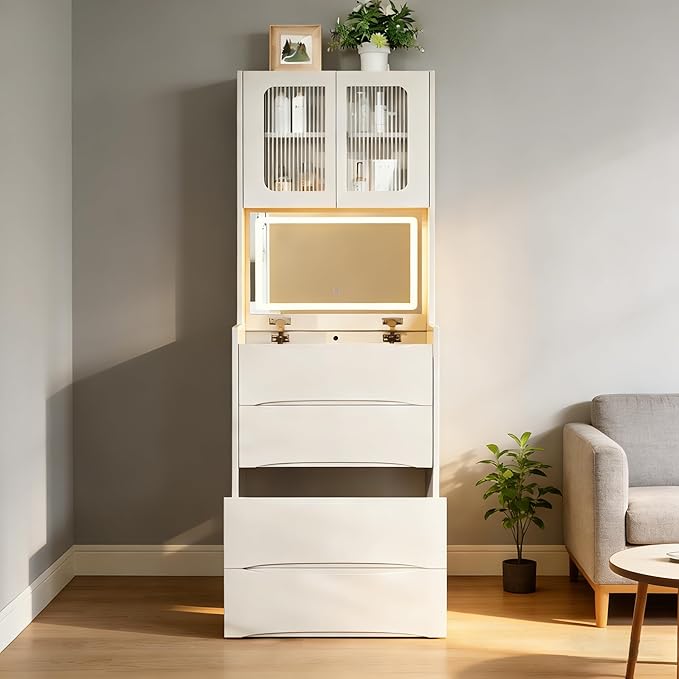 Casaphoria White 3-in-1 Vanity Desk with Mirror and Lights, 18.9 Inch Makeup Dressing Table with 3 Drawers & Storage Stool for Bedroom