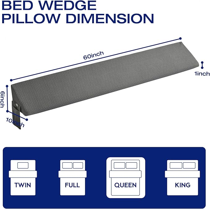 Queen Bed Wedge Pillow for Headboard Gap Filler use Under Pillows for Sleep Apnea,After Surgery,Acid Reflux Relief,Leg Swelling,Between Corner Wall and Mattress/Frame, Home Bedroom Decor 60"x10"x6"