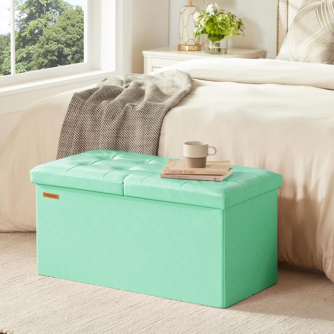 HAUSFRAU - 30 Inches Storage Ottoman Bench with Flipping Lid, Foldable Storage Chest Foot Rest for Living Room, Bedroom, Entryway, Load 660 lb, Synthetic Leather, Teal